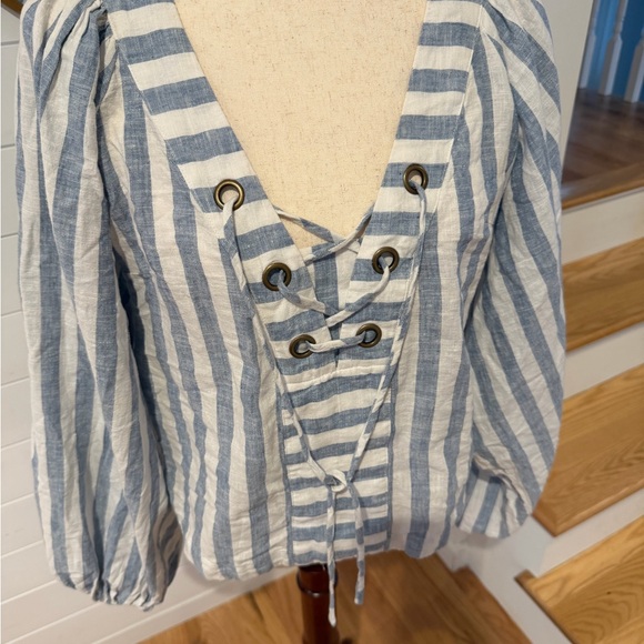 NWT Anthropologie Striped Linen Dolman Lace-Up Blue and White Women's Top - Med - Picture 7 of 14